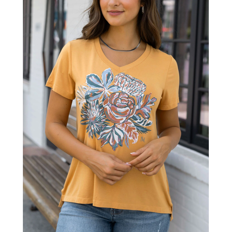 Grace and Lace Sketched Floral Graphic Tee VIP Fave -Mustard Floral