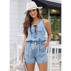 Grace and Lace Tencel Lyocell Chambray Romper - Light Wash - FINAL SALE