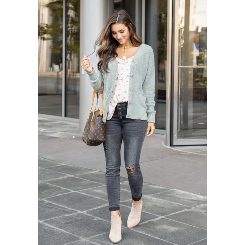 Grace and Lace Bambu Ribbed Button Cardigan - Mist