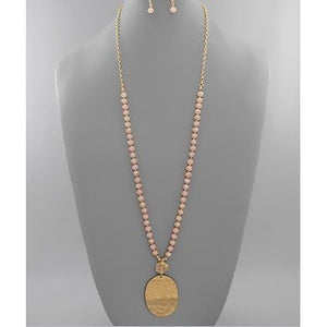 Oval Hammered Metal Necklace - Light Pink w/Gold