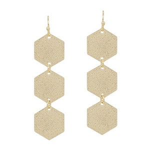 3 Hexagon Satin Textured Earrings - Gold