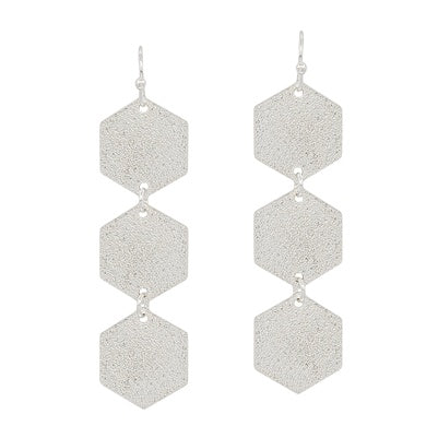 3 Hexagon Satin Textured Earrings - Silver