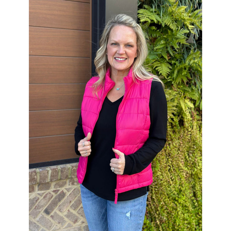 Misty High Neck Padded Puffer Vest with Storage Pouch - Fuchsia
