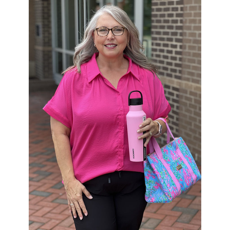Morgan Plus Button Up Top with Cuffed Short Sleeves - Hot Pink - FINAL SALE