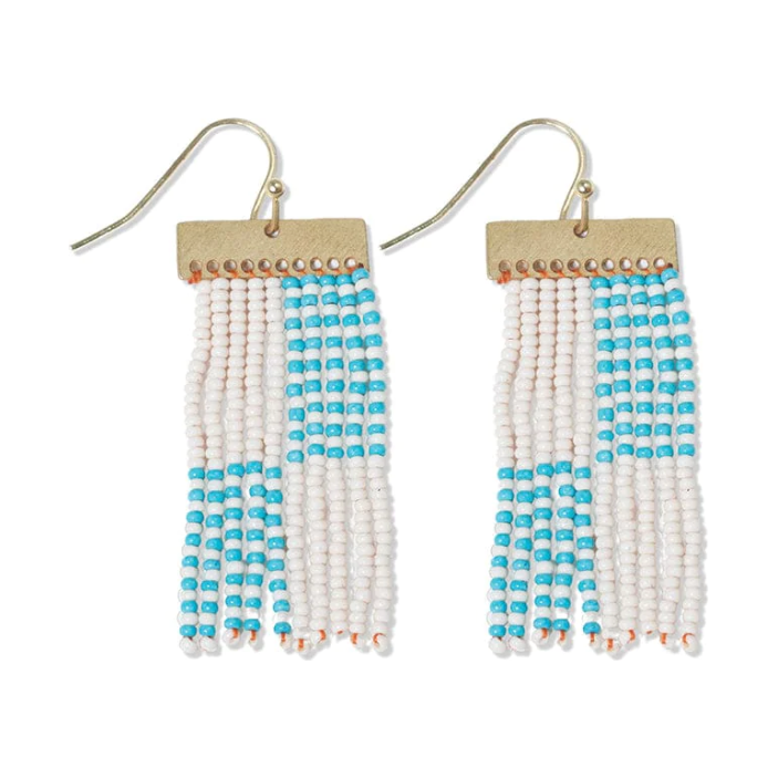 INK+ALLOY Scout Rectangle Hanger Mixed Horizontal Stripes Beaded Frange Earrings Turquoise