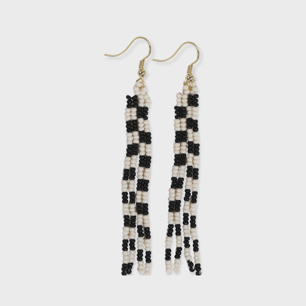 INK+ALLOY June Mini Checked Pattern Petite Beaded Fringe Earrings - Black/White