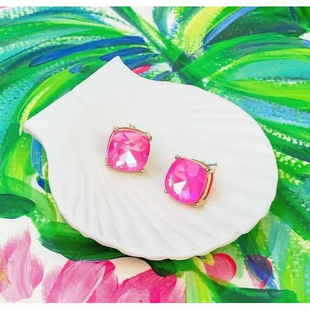 Iridescent Glass Crystal Stud Earrings - Pink