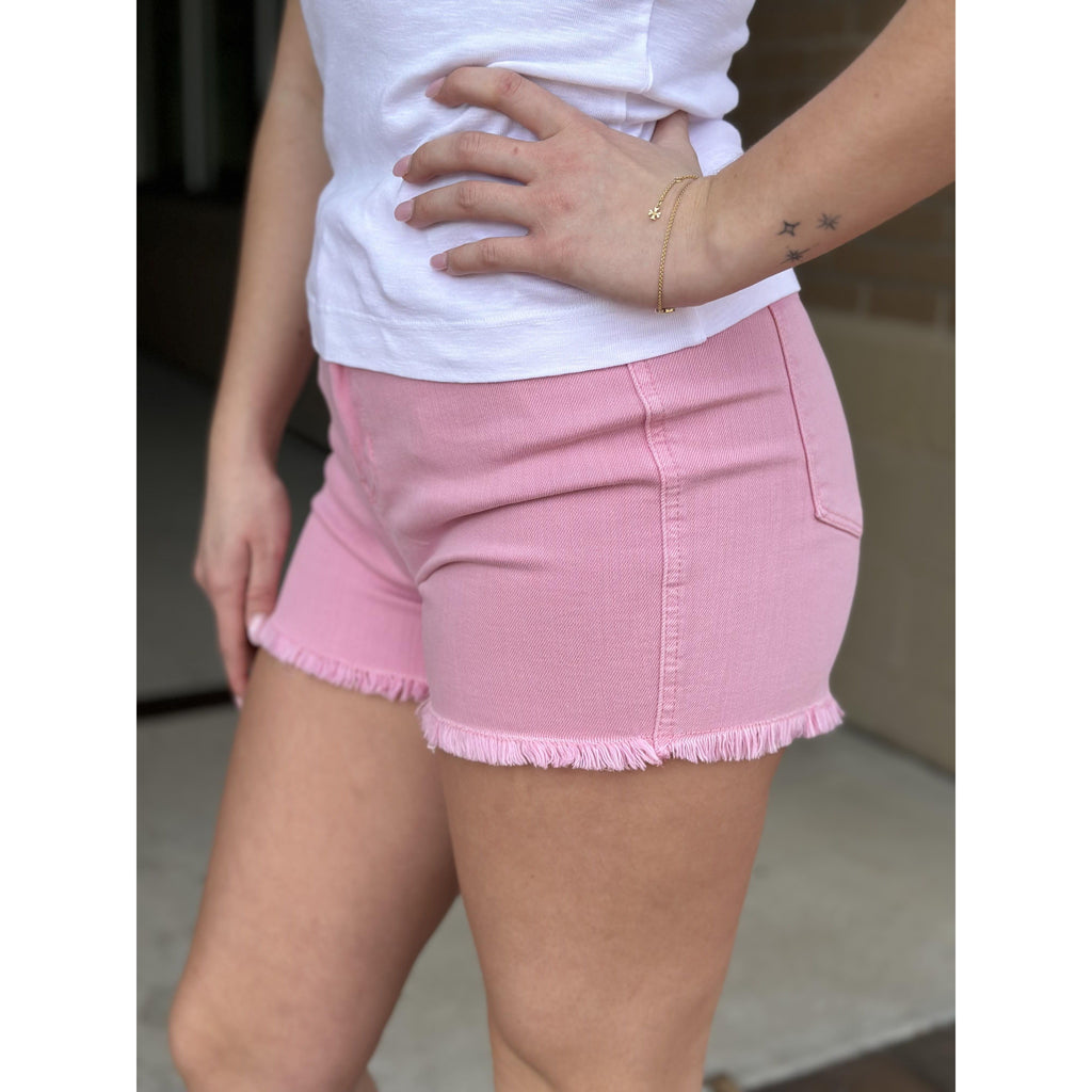 Judy Blue Mid Rise Fray Hem Denim Shorts - Light Pink
