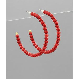 Metallic Round Beaded Hoops - Red