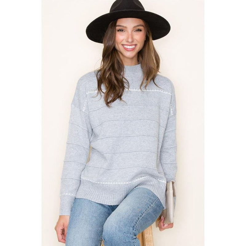 Amelia Texture Striped Mock Neck Sweater - Heather Grey