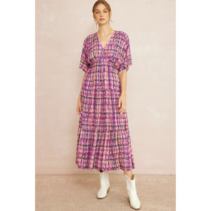Lacey Multicolor Plaid V-Neck Tiered Midi Dress - Orchid
