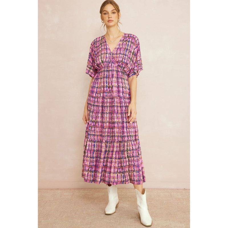 Lacey Multicolor Plaid V-Neck Tiered Midi Dress - Orchid