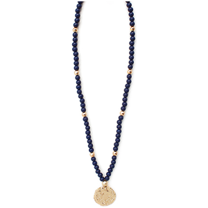 Wood Textured Disc Necklace  - Navy/Gold