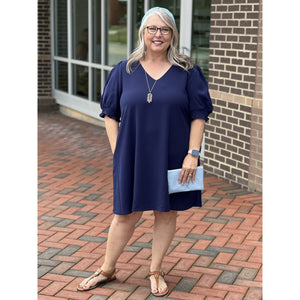 Denise Plus Solid Side Pockets Dress - Navy