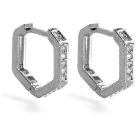 Pave Hexagon Huggie Earrings - Silver