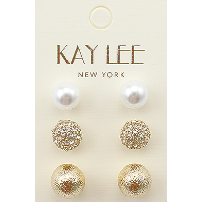 Pearl and Pave Metal Ball Studs Set - Clear/Gold