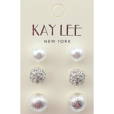 Pearl and Pave Metal Ball Studs Set - Clear/Silver