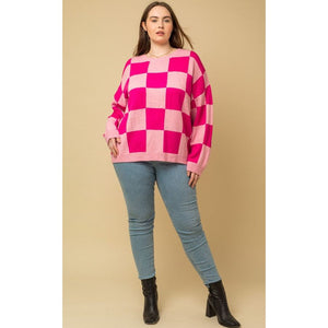 Bobbie Plus Check Print Drop Shoulder Sweater - Pink/Fuchsia