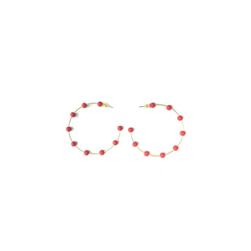 Beaded Metal Hoop Earrings - Red