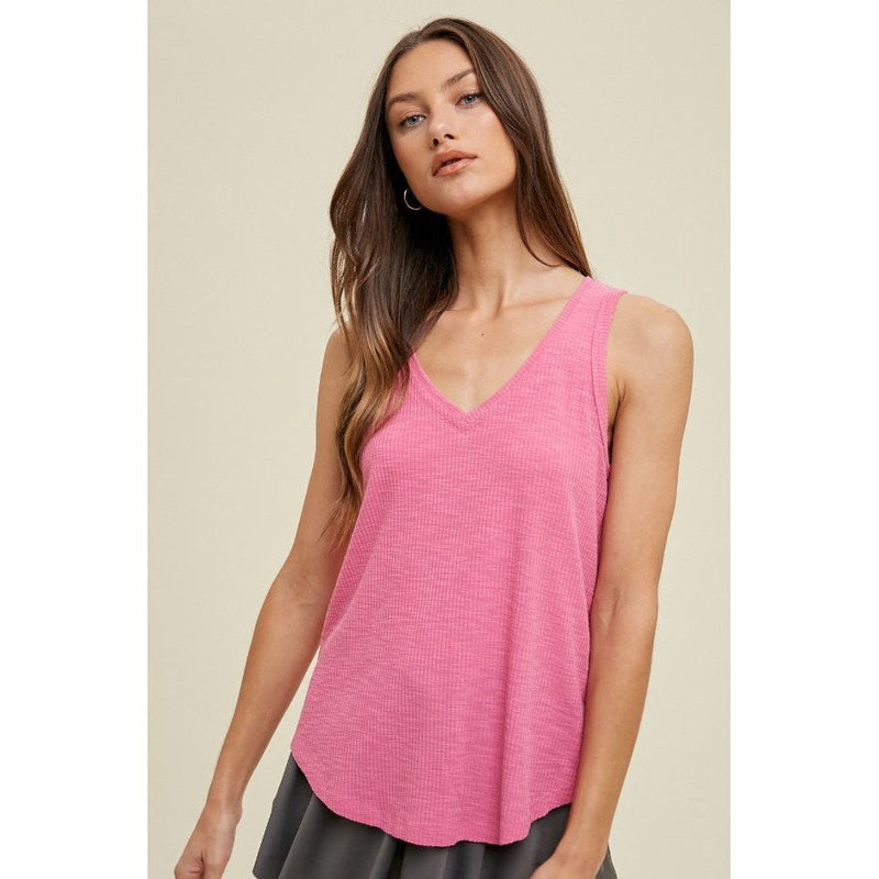 Lyla Ribbed V-Neck Tank Top - Pink Hibiscus