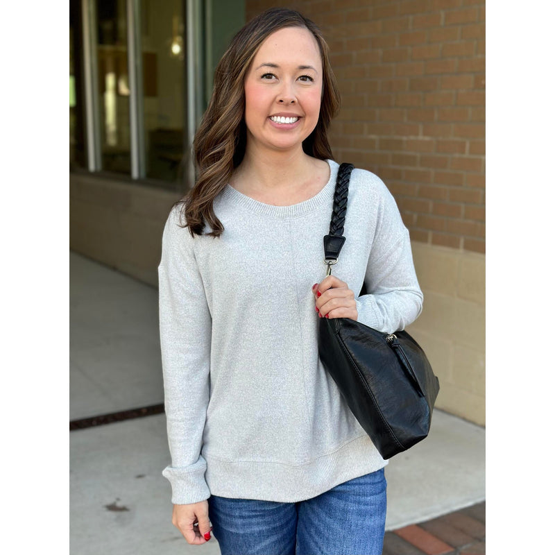 Rhonda Round Neck Hacci Brushed Long Sleeve Top - Heather Grey