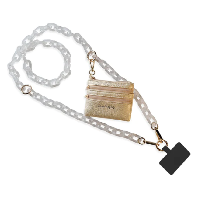 Save the Girls Clip & Go Phone Strap - Cross Body Phone String with Zipper Wallet Pouch - White Ice Chain