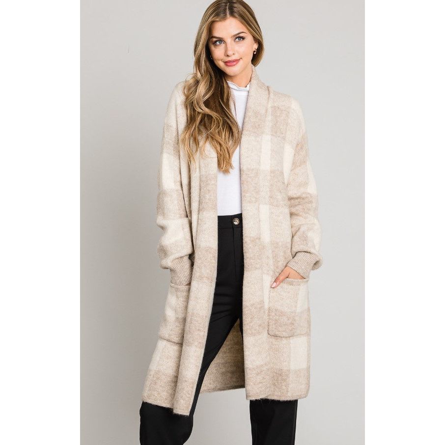 Maddox Shawl Collar Buffalo Plaid Cardigan - Heather Cocoa - FINAL SALE