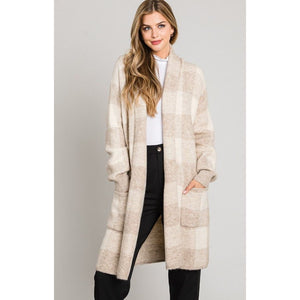 Maddox Shawl Collar Buffalo Plaid Cardigan - Heather Cocoa - FINAL SALE