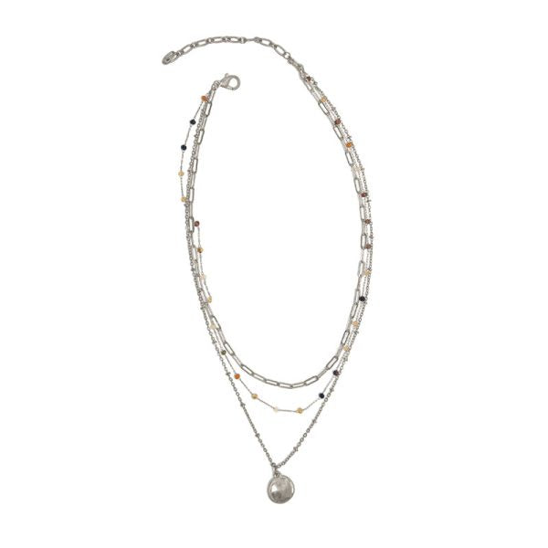 Silver 3 Row Multi Neutral Beaded Necklace