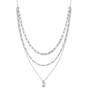 Multi Layer Necklace with CZ Baguette Pendant - Silver
