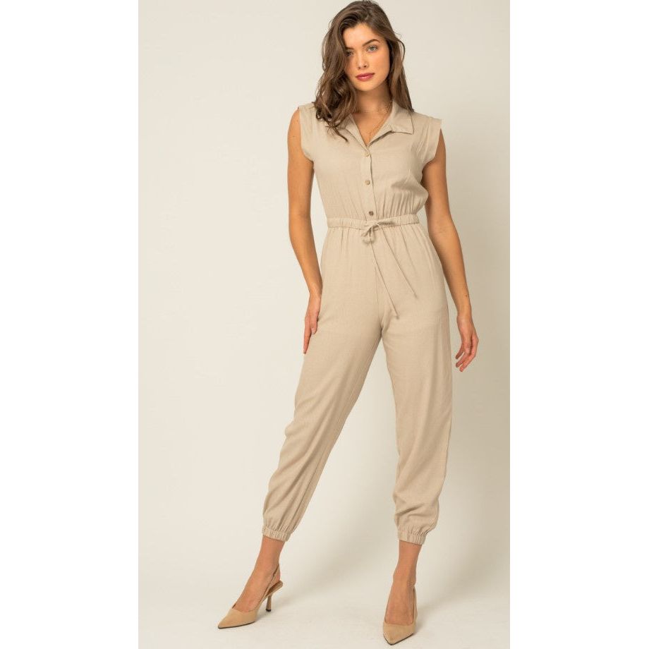 Beverly Sleeveless Collar Button Down Self Tie Jumpsuit - Taupe