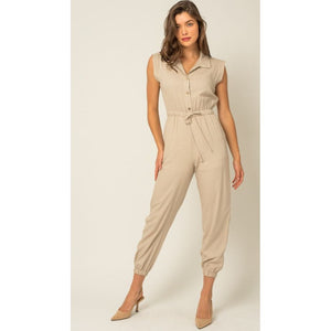 Beverly Sleeveless Collar Button Down Self Tie Jumpsuit - Taupe