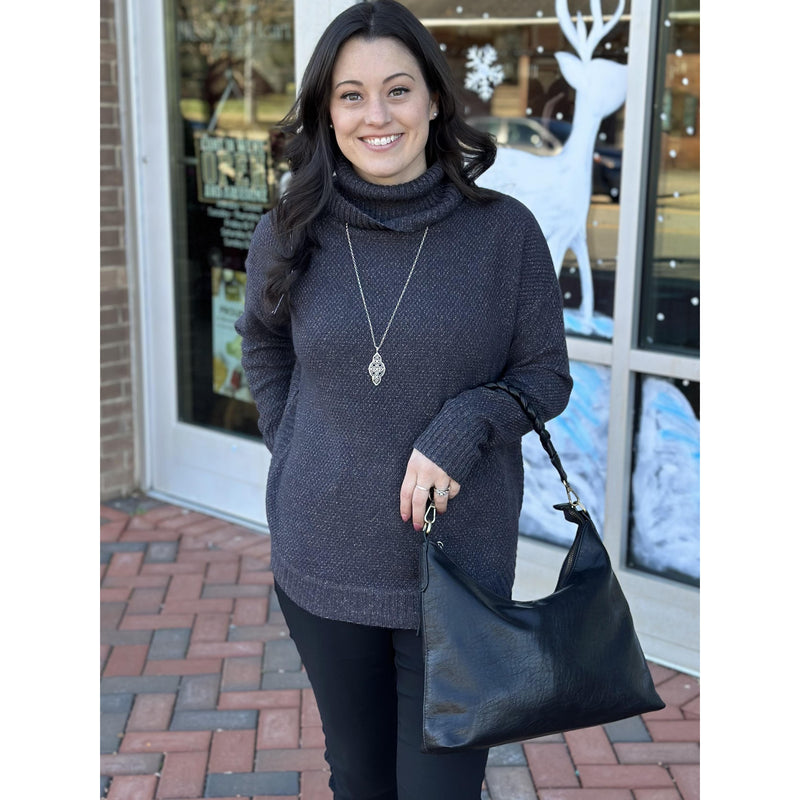 Fallon Slouchy Cowl Neck Pullover Sweater - Gun Metal