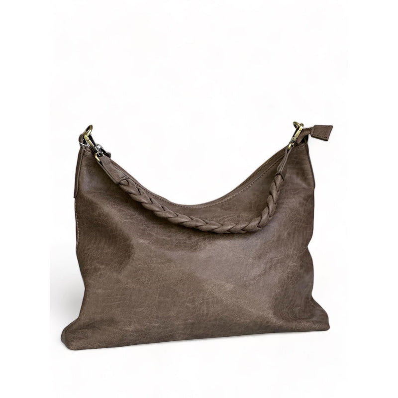 Selene Slouchy Hobo Handbag w/ Braided Handle - Taupe