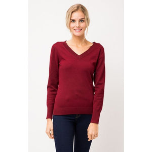 DOORBUSTER - Jaime Solid V-Neck Long Sleeve Pullover Sweater - Burgundy