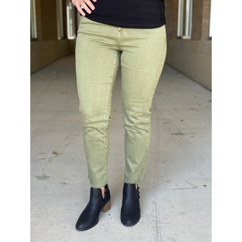 Mid-Rise Straight Leg Jean with Slit - Olive