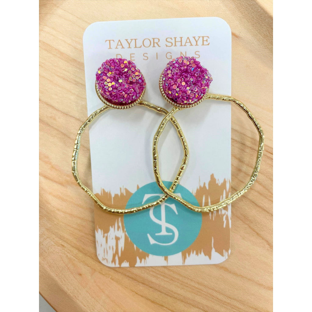 Taylor Shaye Designs - Glitter Top Round Hoops - Hot Pink