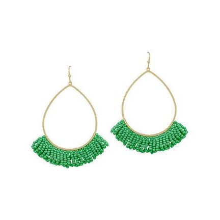 Teardrop Wire w/ Seed Beads Tassel Earrings - Green