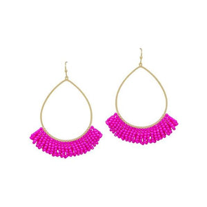 Teardrop Wire w/ Seed Beads Tassel Earrings - Hot Pink