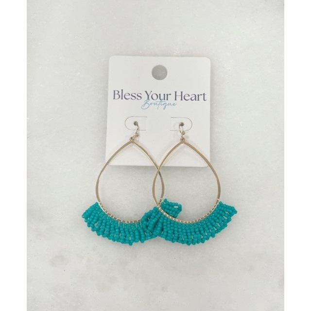 Teardrop Wire w/ Seed Beads Tassel Earrings - Teal