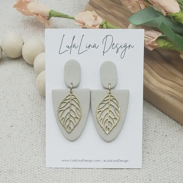 Falling Leaves Cream Colored Clay Gold Leaf Earrings