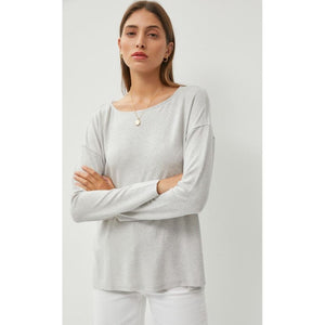 Raquel Wide Neck Brushed Hacci Long Sleeve Top - Light Heather Grey