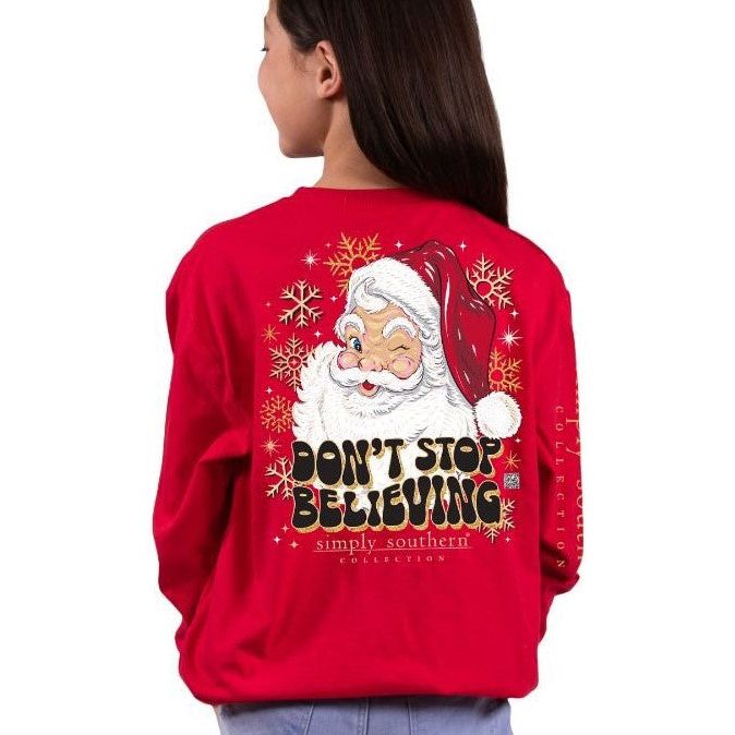 Youth Don't Stop Believing Santa Long Sleeve Simply Southern Tee - Red - FINAL SALE